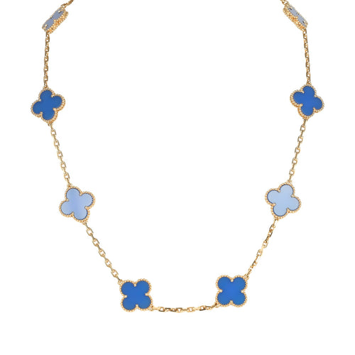 Van Cleef & Arpels Vintage Alhambra 10 Motif Necklace Blue Agate 18K Yellow Gold Hardware