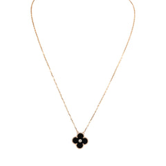 Van Cleef & Arpels 2016 Holiday Vintage Alhambra Pendant Necklace Onyx 18K Rose Gold Hardware & Diamonds