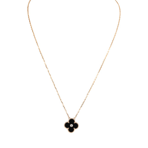 Van Cleef & Arpels 2016 Holiday Vintage Alhambra Pendant Necklace Onyx 18K Rose Gold Hardware & Diamonds