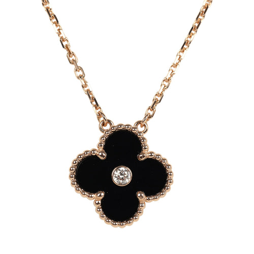 Van Cleef & Arpels 2016 Holiday Vintage Alhambra Pendant Necklace Onyx 18K Rose Gold Hardware & Diamonds