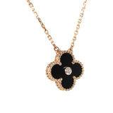 Van Cleef & Arpels 2016 Holiday Vintage Alhambra Pendant Necklace Onyx 18K Rose Gold Hardware & Diamonds