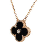 Van Cleef & Arpels 2016 Holiday Vintage Alhambra Pendant Necklace Onyx 18K Rose Gold Hardware & Diamonds