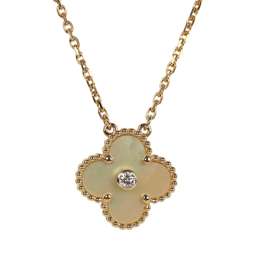 Van Cleef & Arpels 2018 Holiday Vintage Alhambra Pendant Necklace Yellow Mother Of Pearl 18K Yellow Gold Hardware & Diamonds