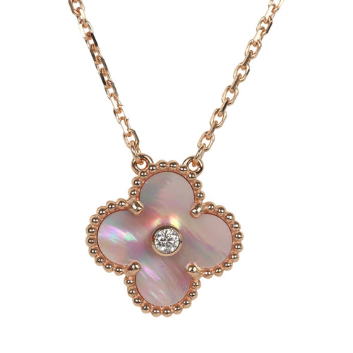 Van Cleef & Arpels 2025 Holiday Vintage Alhambra Pendant Necklace Pink Mother Of Pearl 18K Rose Gold Hardware & Diamonds