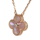 Van Cleef & Arpels 2025 Holiday Vintage Alhambra Pendant Necklace Pink Mother Of Pearl 18K Rose Gold Hardware & Diamonds