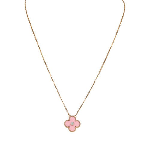 Pre-owned Van Cleef & Arpels 2015 Holiday Vintage Alhambra Pendant Necklace Light Pink Porcelain & Diamonds 18K Rose Gold Hardware