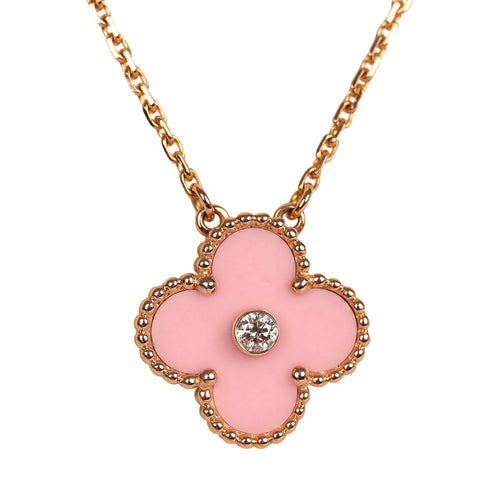 Pre-owned Van Cleef & Arpels 2015 Holiday Vintage Alhambra Pendant Necklace Light Pink Porcelain & Diamonds 18K Rose Gold Hardware