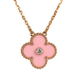 Pre-owned Van Cleef & Arpels 2015 Holiday Vintage Alhambra Pendant Necklace Light Pink Porcelain & Diamonds 18K Rose Gold Hardware