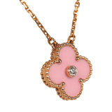 Pre-owned Van Cleef & Arpels 2015 Holiday Vintage Alhambra Pendant Necklace Light Pink Porcelain & Diamonds 18K Rose Gold Hardware