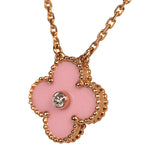 Pre-owned Van Cleef & Arpels 2015 Holiday Vintage Alhambra Pendant Necklace Light Pink Porcelain & Diamonds 18K Rose Gold Hardware