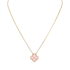 Pre-owned Van Cleef & Arpels 2015 Holiday Vintage Alhambra Pendant Necklace Light Pink Porcelain & Diamonds 18K Rose Gold Hardware