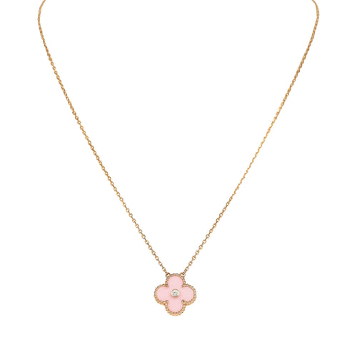 Pre-owned Van Cleef & Arpels 2015 Holiday Vintage Alhambra Pendant Necklace Light Pink Porcelain & Diamonds 18K Rose Gold Hardware