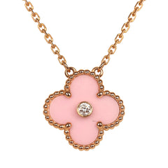 Pre-owned Van Cleef & Arpels 2015 Holiday Vintage Alhambra Pendant Necklace Light Pink Porcelain & Diamonds 18K Rose Gold Hardware