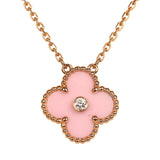 Pre-owned Van Cleef & Arpels 2015 Holiday Vintage Alhambra Pendant Necklace Light Pink Porcelain & Diamonds 18K Rose Gold Hardware