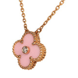 Pre-owned Van Cleef & Arpels 2015 Holiday Vintage Alhambra Pendant Necklace Light Pink Porcelain & Diamonds 18K Rose Gold Hardware