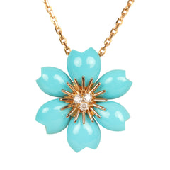 Van Cleef & Arpels Rose de Noel Mini Pendant Necklace Turquoise 18K Yellow Gold and Diamonds