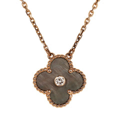 Pre-owned Van Cleef & Arpels 2014 Holiday Vintage Alhambra Pendant Necklace Grey Mother of Pearl 18K Rose Gold and Diamond