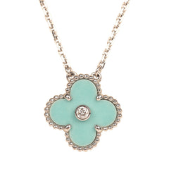 Pre-owned Van Cleef & Arpels 2022 Holiday Vintage Alhambra Pendant Necklace Light Green Celadon Sevres Porcelain & Diamonds White Gold
