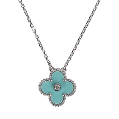 Van Cleef & Arpels 2022 Holiday Vintage Alhambra Pendant Necklace Light Green Celadon Sevres Porcelain & Diamonds White Gold