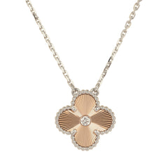 Van Cleef & Arpels 2024 Holiday Vintage Alhambra Pendant Necklace Rose Gold Guilloche 18K White Gold & Diamonds