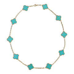 Pre-owned Van Cleef & Arpels Vintage Alhambra 10 Motif Necklace Turquoise 18K Yellow Gold Hardware