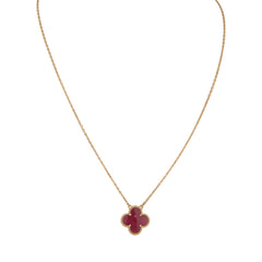 Van Cleef & Arpels Vintage Alhambra Pendant Necklace Pink Enamel 18K Yellow Gold