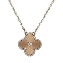 Van Cleef & Arpels 2024 Holiday Vintage Alhambra Pendant Necklace Rose Gold Guilloche 18K White Gold & Diamonds