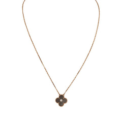 Pre-owned Van Cleef & Arpels 2023 Holiday Vintage Alhambra Pendant Necklace Silver Obsidian White Diamond Rose Gold