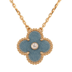 Van Cleef & Arpels 2026 Holiday Vintage Alhambra Pendant Necklace Blue Grey Sevres Porcelain 18K Yellow Gold & Diamonds