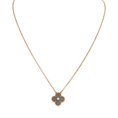 Pre-owned Van Cleef & Arpels 2023 Holiday Vintage Alhambra Pendant Necklace Silver Obsidian White Diamond Rose Gold