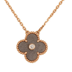 Pre-owned Van Cleef & Arpels 2023 Holiday Vintage Alhambra Pendant Necklace Silver Obsidian White Diamond Rose Gold