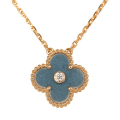 Van Cleef & Arpels 2026 Holiday Vintage Alhambra Pendant Necklace Blue Grey Sevres Porcelain 18K Yellow Gold & Diamonds