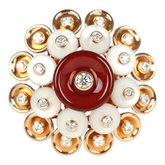 Van Cleef & Arpels Bouton D’or Ring Carnelian, Mother Of Pearl 18K Rose Gold Hardware & Diamonds