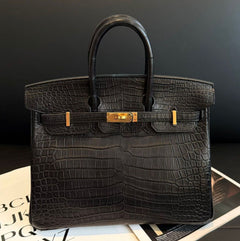 Hermes Birkin 25 Black Matte Crocodile Gold Hardware -1/2