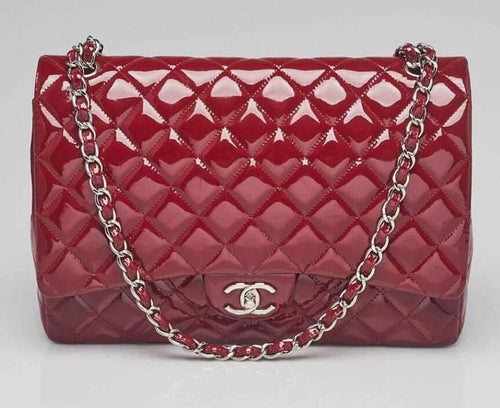 Pre-Owned Chanel Maxi Classic Double Flap Red Patent Leather Silver Hardware - Sourced