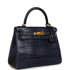 Hermes Kelly Retourne 28 Bleu Nuit Satin Matte Porosus Crocodile Gold Hardware