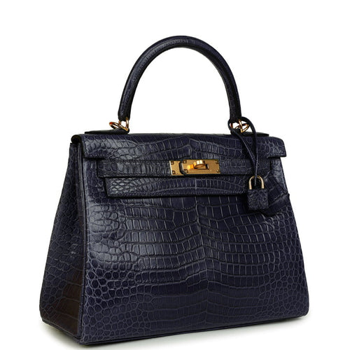 Hermes Kelly Retourne 28 Bleu Nuit Satin Matte Porosus Crocodile Gold Hardware