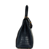 Hermes Kelly Retourne 28 Bleu Nuit Satin Matte Porosus Crocodile Gold Hardware