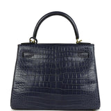 Hermes Kelly Retourne 28 Bleu Nuit Satin Matte Porosus Crocodile Gold Hardware