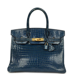 Vintage Hermes Birkin 30 Bleu Roi Shiny Porosus Crocodile Gold Hardware