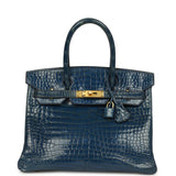 Vintage Hermes Birkin 30 Bleu Roi Shiny Porosus Crocodile Gold Hardware - Thumbnail View 1