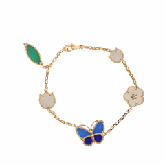 Van Cleef & Arpels Lucky Spring Butterfly 5 Motif Bracelet Lapis Lazuli, Mother of Pearl, Green Agate 18K Yellow Gold