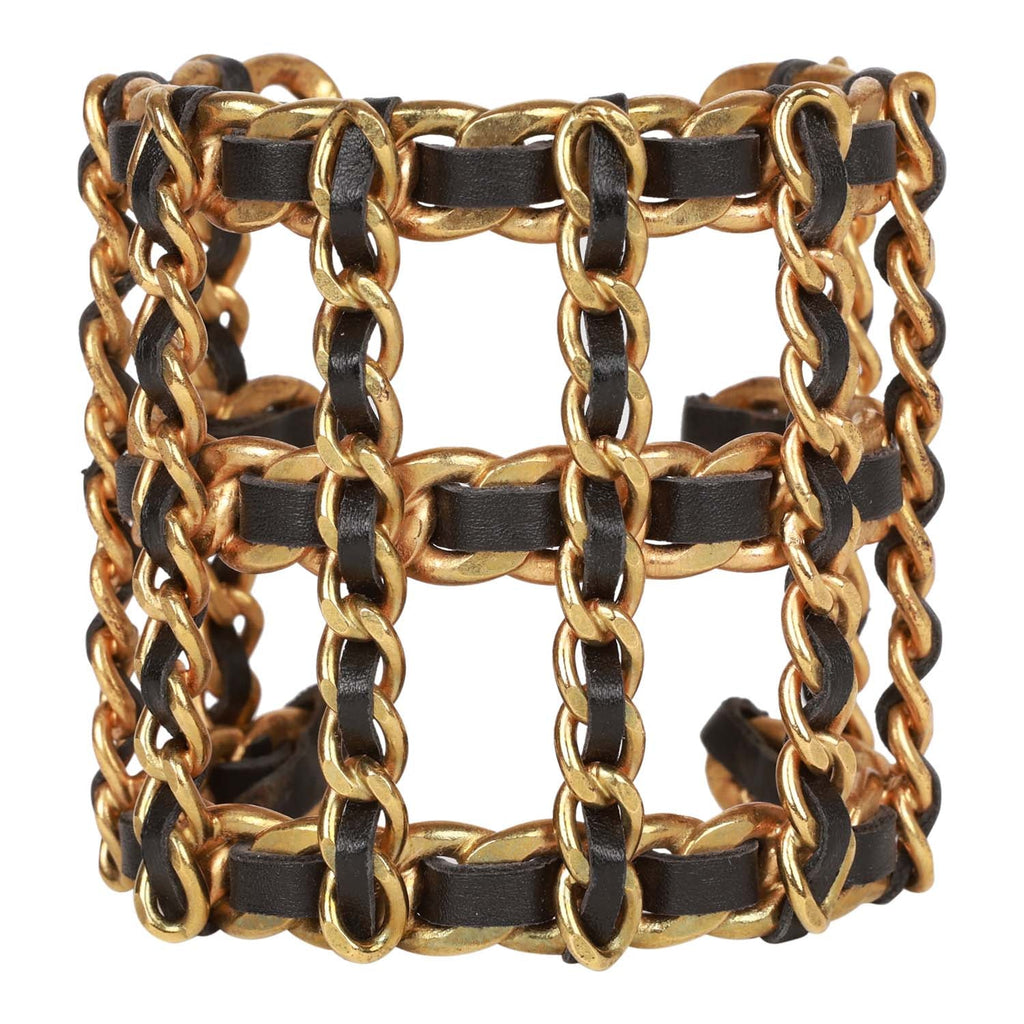 Vintage Chanel Gold Chain and Black Leather Cuff Bracelet – Madison Avenue  Couture