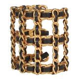 Vintage Chanel Gold Chain and Black Leather Cuff Bracelet