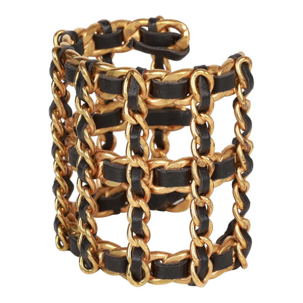 CHANEL 1990s Wide Gold Plated 5 Row Chain Black Leather Cuff Bracelet