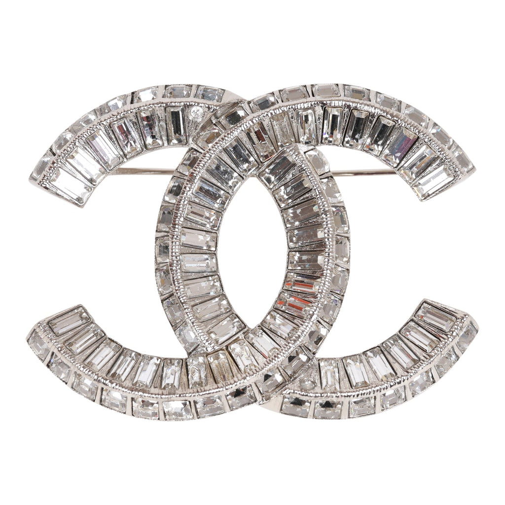 CHANEL Baguette Crystal CC Brooch Silver 1220419