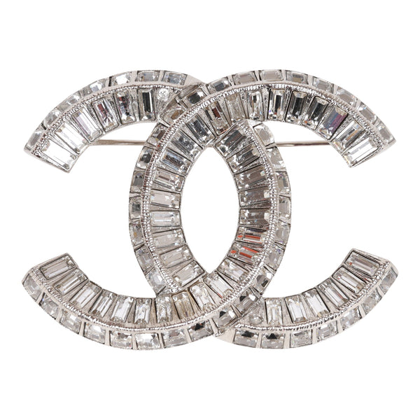CHANEL NEW CC Silver Baguette Crystal Evening Lapel Brooch in Box