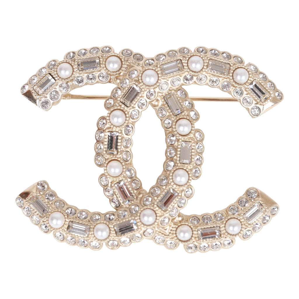 Chanel Faux Pearl and Crystal CC Gold Brooch - Main Image