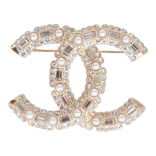 Chanel Faux Pearl and Crystal CC Gold Brooch