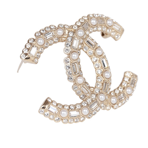 Chanel Faux Pearl and Crystal CC Gold Brooch